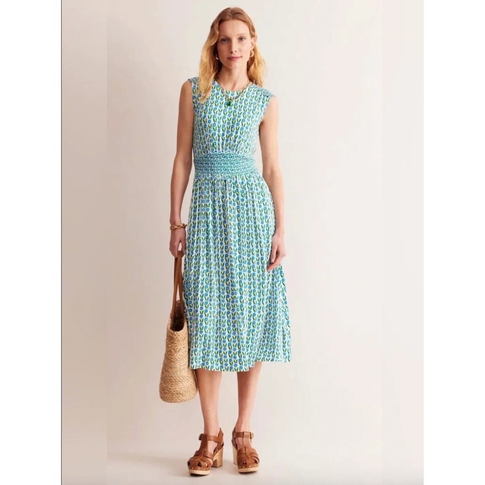 Boden Thea Midi Dress Size 10R Blue Green Floral Print Cottage Sleeveless Garden